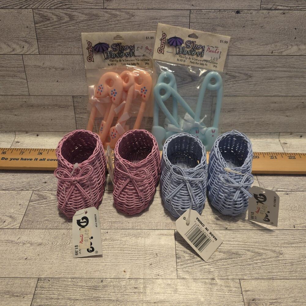 Vintage‎ Baby Shower Decor Plastic Diaper Pins Wicker Baby Shoes